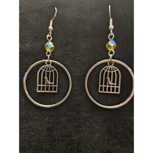 Antique silver birdcage with yellow glass rondelle hoop earrings